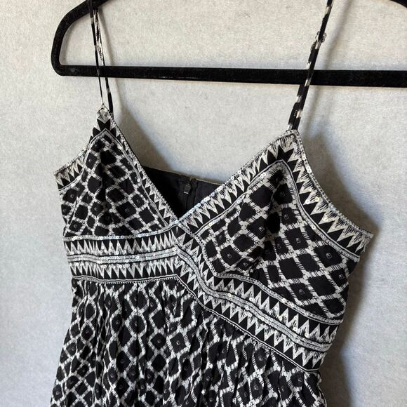 BCBGMaxazria Black White Geo Print Babydoll Sequin Silk Blend Tulle Hemline Y2K - Picture 3 of 11